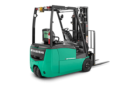 Back right view of a Mitsubishi forklift truck