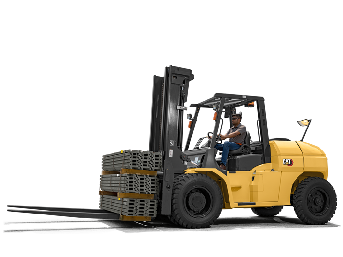 Cat forklift carrying large crate