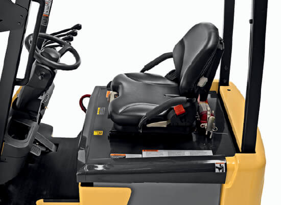 Side view of operator compartment of small electric cushion Cat forklift