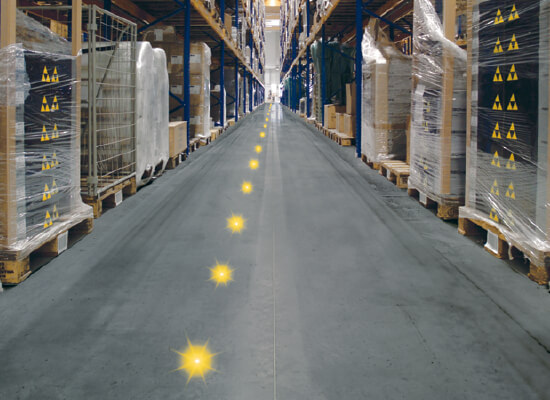 Lights Representing Jungheinrich RFID Transponders Layout in an Aisle