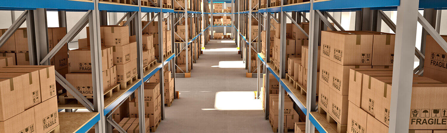 Warehouse aisle view from high angle
